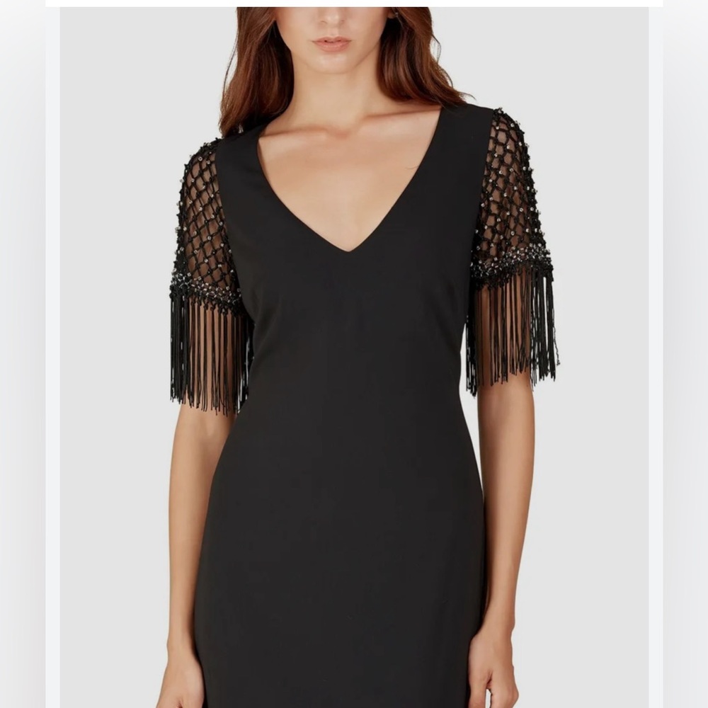 BADGLEY MISCHKA BLACK GOWN WITH BEADED SHORT SLEEVES